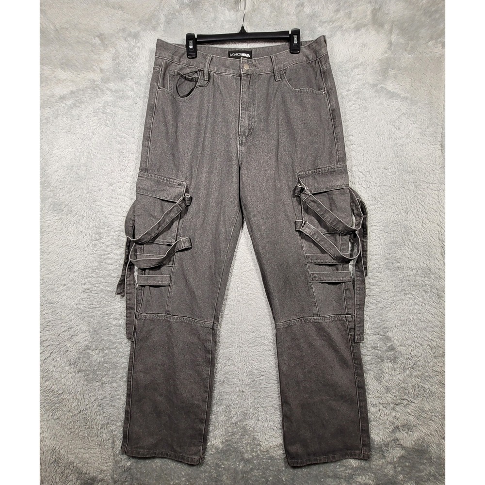 Fashion Nova Gray Cargo Jeans Straight Leg‎ Size 15 Grunge Straps 35x34 Large